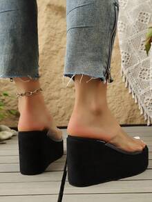 Sandal Sol Tebal Modis dan Serbaguna untuk Wanita, Sandal Wedges Anyaman Bordir - Hitam - View 5