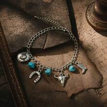 Western Cowboy Style Multi-Pendant Bracelet, Bull Skull, GOOD LUCK Horseshoe, Cowboy Boot, Faux Turquoise Crushed Stone, Distressed Silver Chain Vintage Hand Accessory - Silver - View 4
