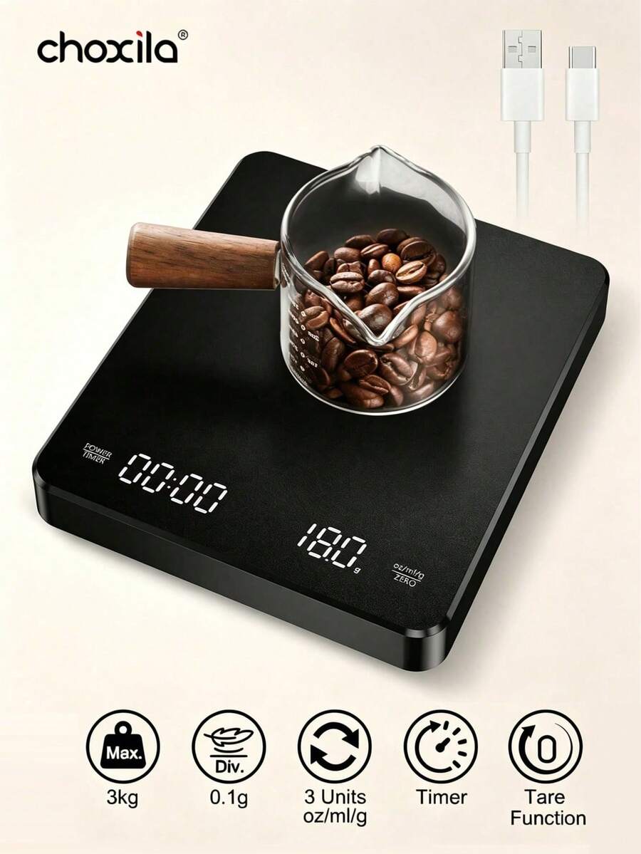 choxila 1pc Digital Coffee Scale With Timer, Rechargeable Espresso Scale, Mini Coffee Scale Drip Espresso Scale, Food Scale With 3 Units, Tare Function, Auto Off, Measures In G/Oz/Ml - Black - View 1
