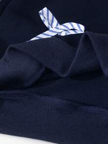 BASUSARRI Young Girl Striped Pleated Skirt, Round Neck Sweatshirt Long Sleeve Ribbed Cuff Bow Decor Top, 2pcs Set, Autumn/Winter - Royal Blue - View 7