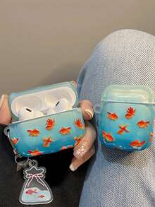 Casing Earphone Motif Ikan Mas Gelembung Lucu dengan Tepi Bergelombang dan Gantungan Kunci Ikan Mas, Casing Pelindung Earphone Bluetooth dengan Liontin, Cocok untuk AirPods Generasi 4/3/2/1, Casing Pelindung Generasi ke-2 Apple Bluetooth Earphone Case 1/2/3 Pro - Biru laut - View 1
