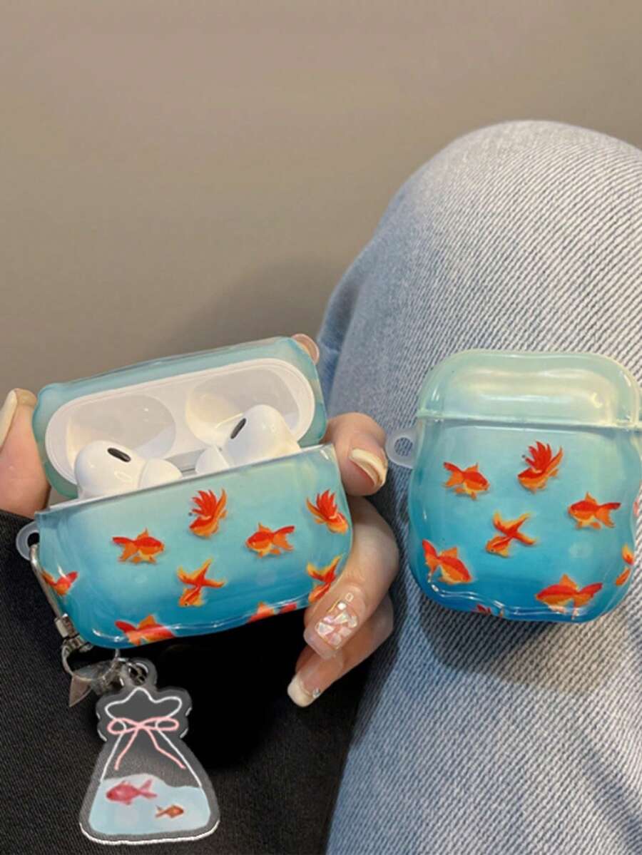 Casing Earphone Motif Ikan Mas Gelembung Lucu dengan Tepi Bergelombang dan Gantungan Kunci Ikan Mas, Casing Pelindung Earphone Bluetooth dengan Liontin, Cocok untuk AirPods Generasi 4/3/2/1, Casing Pelindung Generasi ke-2 Apple Bluetooth Earphone Case 1/2/3 Pro - Biru laut - View 1