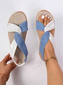 Mori Style Linen Fabric Blue & White Cross Knot Sandals For Women, Elastic Back Strap, Wood Grain Wedge Heel, Thick Sole, Comfortable Outdoor Shoes - Blue and White - View 1