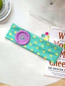 1pc Y2K Dopamine Colorful Heart Print Wide Headband With Oversized Button, Niche Handmade Stitched Design, Millennium Hot Girl Energetic Sweet Cool Girl Aesthetic Accessory - Multicolor - View 10