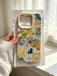 1 buah Casing Ponsel Kulit Berwarna Putih Gading dengan Motif Kolase Cetak Lemon dan Blueberry Positano yang Dilukis Tangan, Tahan Gores dan Tahan Lama, Aksesori Ponsel Gaya Pantai Musim Panas yang Segar, Kompatibel dengan Apple 18 18pro 18promax 17 17pro 17promax 16 15 14 13 12 11promax, Casing Pelindung Air, Cocok dan Kompatibel dengan Seri - MultiWarna - View 3