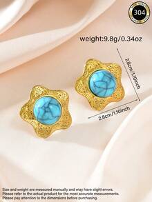 1 Pair French Vintage Exquisite Luxury Stainless Steel Gold-Tone Star Flower Pattern Turquoise Stud Earrings, Suitable For Women's Daily Commute, Party, Evening Banquet, Atmospheric Accessory - Gold - View 2