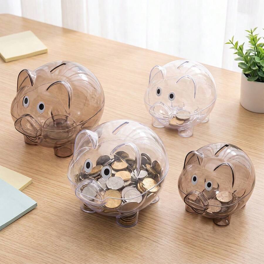1pc S/M Size Cute Transparent Plastic Piggy Bank, Clear Coin Savings Jar, Unbreakable Pig-Shaped Desktop Ornament, Counting Money Box, Aesthetic Room Decor, Gift For Kids And Adults - Transparent Piggy Bank - View 1
