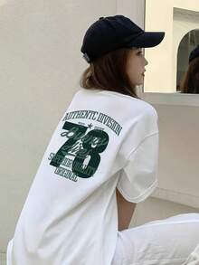 Women's Korean Style Short Sleeve T-Shirt, Medium Length Oversized Fashion Top Suitable For Layering - 白色 - 查看 5
