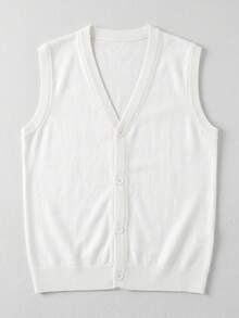 Men's Minimalist Solid White V-Neck Button-Up Knit Vest, Vertical Texture Sleeveless Cardigan, Spring/Autumn Inner/Outer Layering Waistcoat - White - View 4