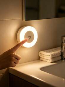 1pc Touch Night Light Bedside Lamp 3-Color Adjustable Built-In Battery Wireless Cabinet Light Dimmable Suitable For Hallway, Bedroom, Bathroom, Living Room, Closet, Kitchen Room Decor Home Decor Wall Decor Bedroom Decor - Touch the Small Round Light - View 2