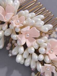 1pc Women's Plaster Flower Core With Rhinestone Leaf Pearl Crystal Bridal Hair Comb Headpiece - Baby Pink - View 5
