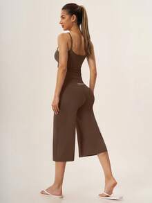 TimeOff Women's One Set Solid Color Adjustable Strap Camisole & Wide Leg Mid-Length Shorts Sports Set - Chocolate Brown - View 3