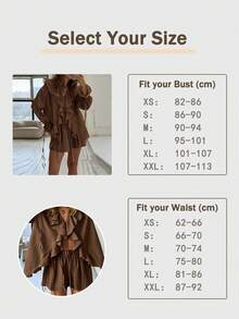 Women's V-Neck Ruffle Trim Loose Top And Shorts Set, Solid Color Sexy Casual Outfit, Co-Ords Elegant - Brown - View 6
