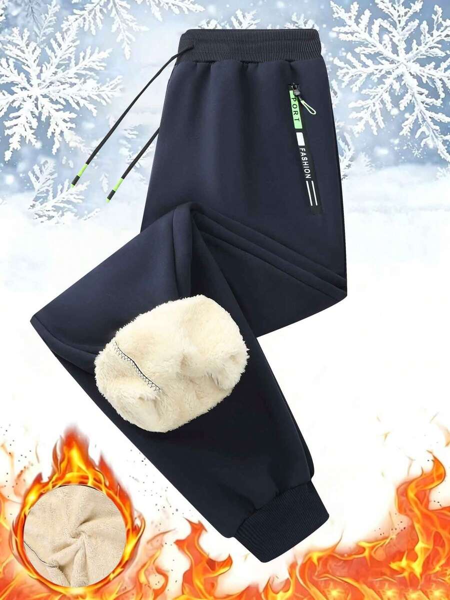 Men's Wool Lined Joggers, Elastic Drawstring Waist With Zipper Pockets, Warm Winter Sports Pants - Blue - View 1