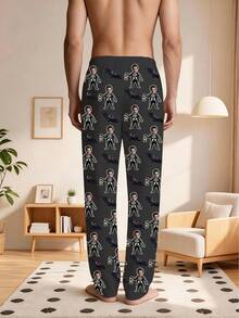 1pc Men's Customized Face Photo Pajama Pants, Personalized Red & White Heart Pattern Lounge Pants, Boyfriend Gift - Multicolor - View 3