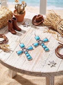 1 Pair Turquoise Cross Earrings Suitable For Daily Wear - Baby Blue - View 4