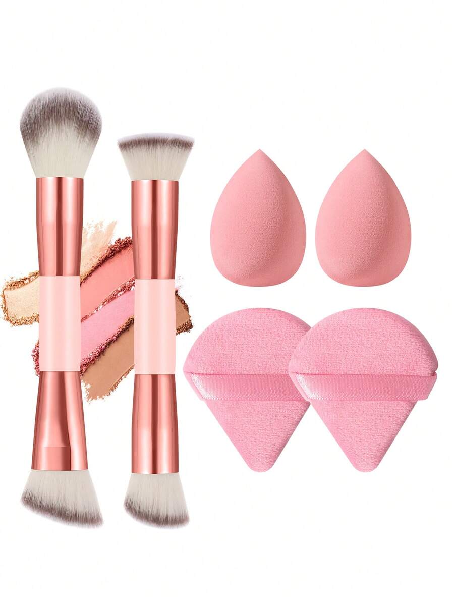 2/3/6pcs Pink Makeup Accessory Set, Dual-Ended Face Brush, Teardrop Blending Sponge And Triangle Velvet Powder Puff, Soft Reusable Foundation, Concealer And Setting Powder Tools - Multicolor - View 1