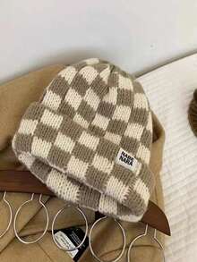 1pc Women's Autumn/Winter Warm Colorblock Checkerboard Knit Beanie, Oversized Fashionable Knitted Hat - Beanie - View 7
