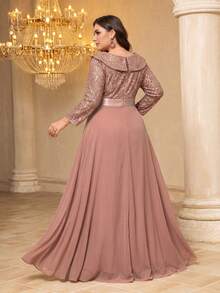 V-Neck Doll Dress With 3/4 Sleeve, Sequin Patchwork Flared Skirt - Dusty Pink - View 2