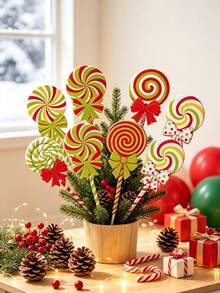 8pcs Large Red & Green Lollipop Christmas Tree Decorations, Double-Sided Lollipop Christmas Tree Picks, Suitable For Green Christmas Decor - A - View 3