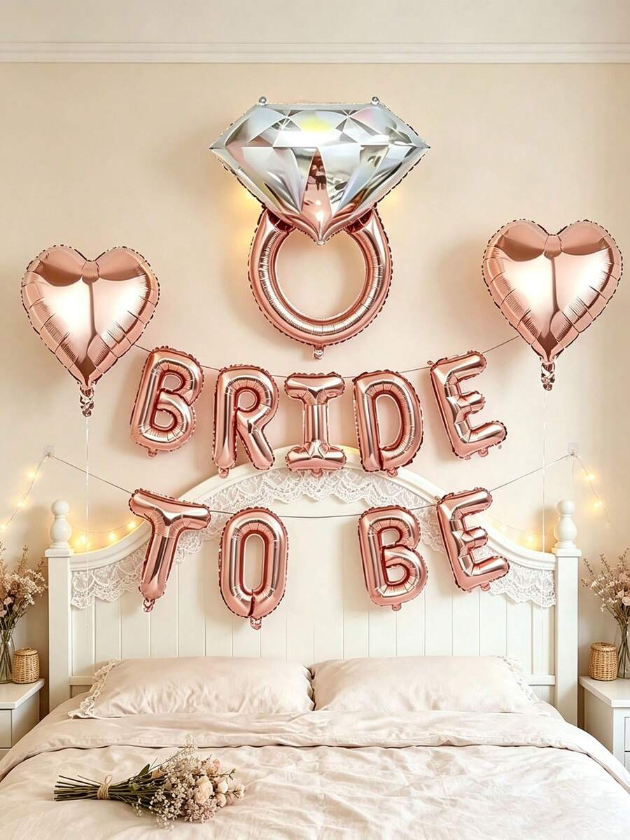 12PCS 16 Inch Rose Gold BRIDE TO BE Letter Foil Balloons (Ribbon Not Included) Crown Heart Diamond Ring Shaped Foil Balloon Set, Camping Party Decoration, Party Decoration, Wedding Birthday Party Decoration Supplies - Rose Gold Bridal Banner - View 1