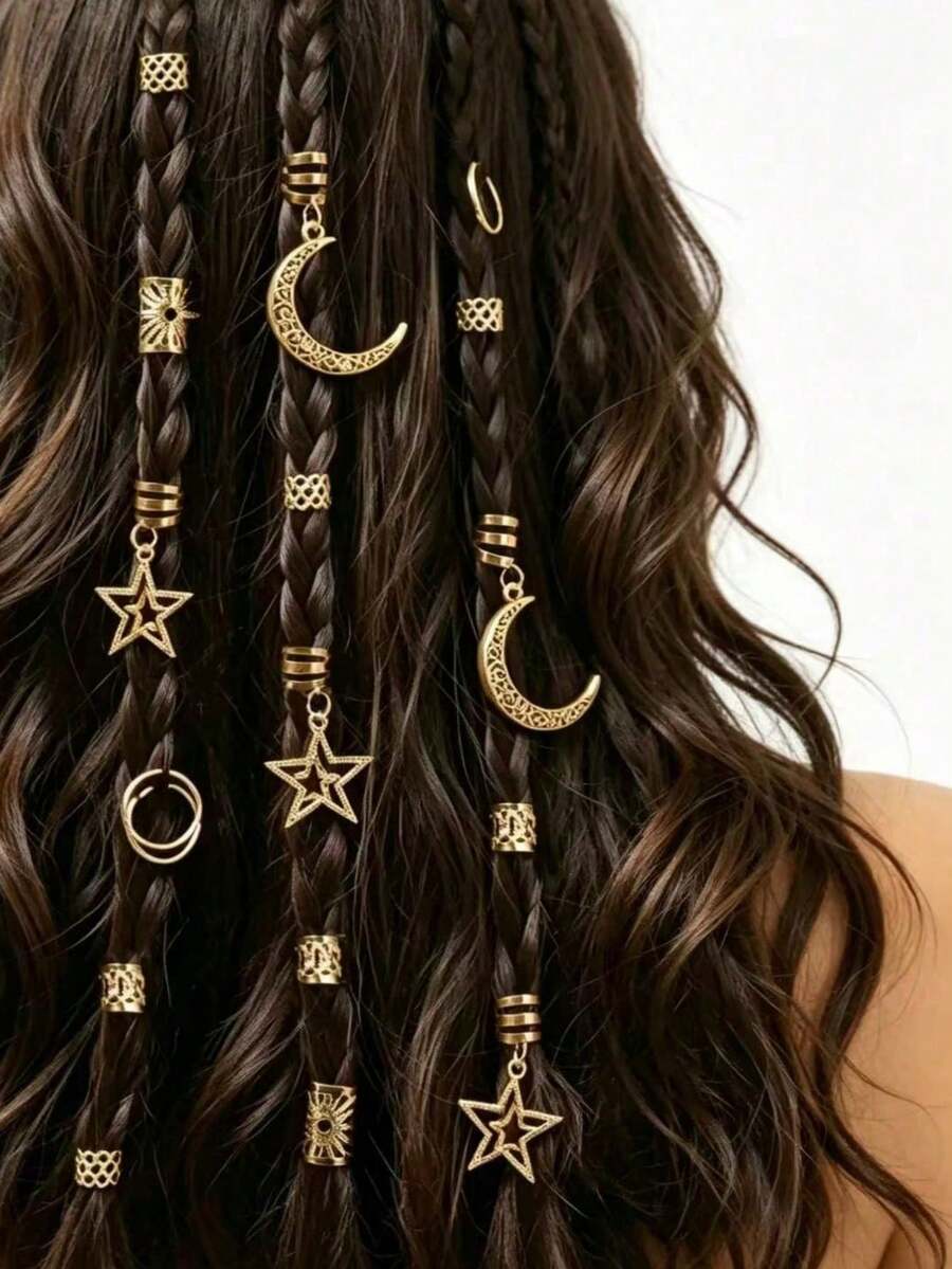 45 قطعة مجموعة إكسسوارات شعر ذهبية كبيرة على شكل قمر، مشابك شعر بوهيمية لطيفة بطراز هيب هوب، حلقات شعر للضفائر، هدية رمضان للحفلات - الذهبي - مشاهدة 1