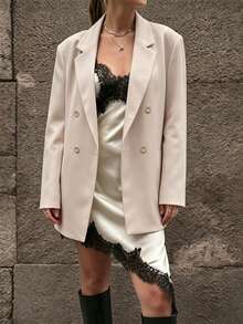 Women's Autumn/Winter Fashion Light Commute Oversized Padded Shoulder Mid-Length Single-Breasted One-Button Long Sleeve Blazer Jacket With Lining - Beige - View 5