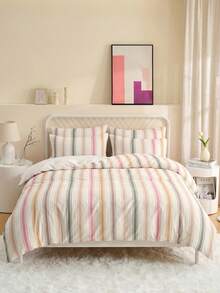 2/3 Piece Bedding Set, Home Textile, Minimalist Style, Pink & Green Striped, Comfortable & Breathable Bedding Set, Soft & Anti-Pilling, No Comforter Insert, Suitable For All Sizes Of Large And Small Beds, All Season, Indoor Decor - Multicolor - View 5