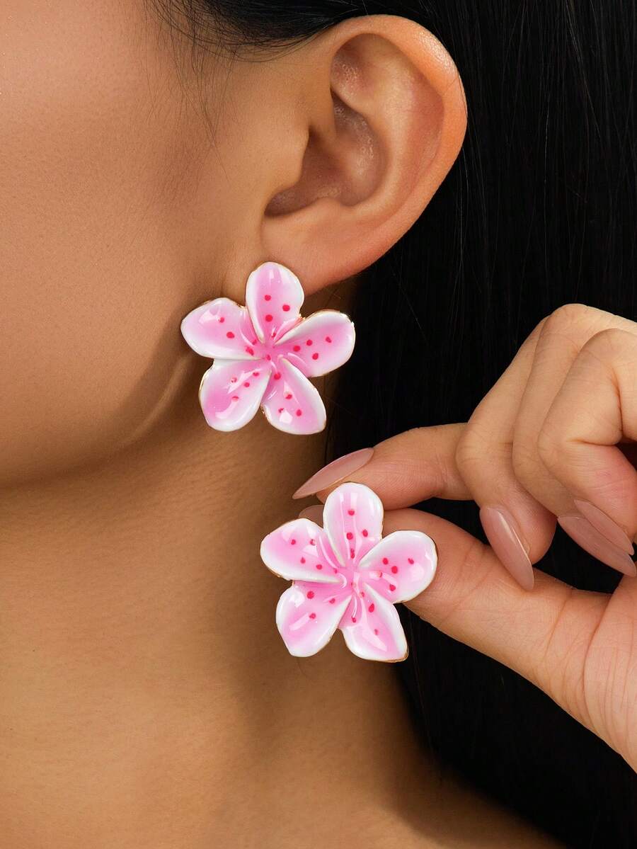 1對夏季度假海灘風浪漫優雅精緻奢華蜜桃粉琺瑯波點扶桑花耳釘耳環，適合女性 - 粉色 - 查看 1