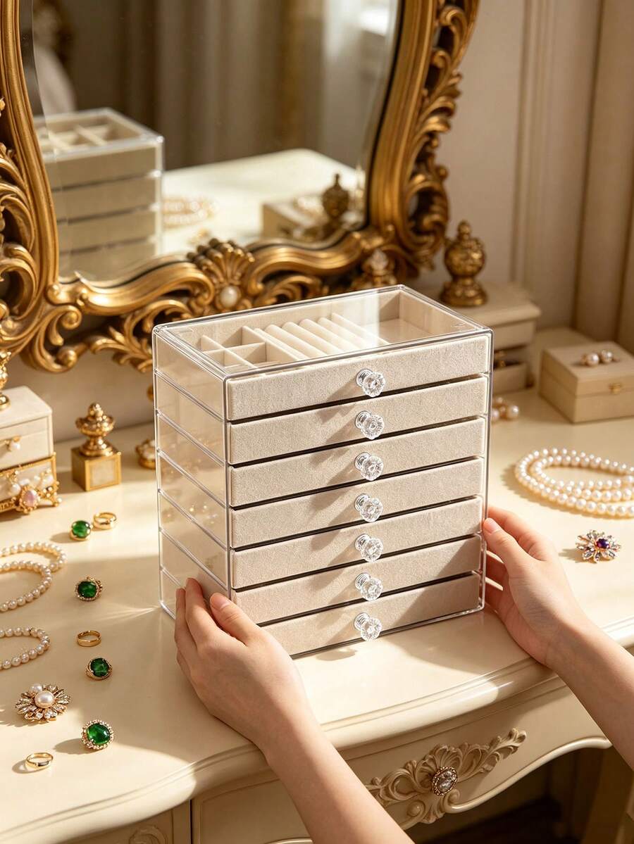 1pc Luxury Multi-Layer Acrylic Jewelry Storage Box With Dust-Proof Transparent Lid And Flocked Compartments, Home Vanity Organizer For Earrings, Rings, Necklaces And Accessories