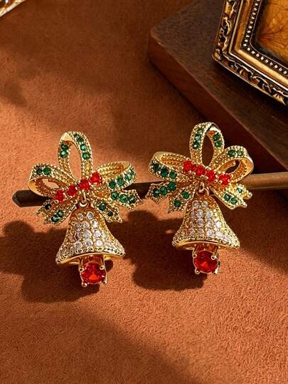 1 Pair Exquisite Christmas Bell Earrings For Women, Elegant Cubic Zirconia Decorated Gold Bow Pendant Earrings, Christmas Gift