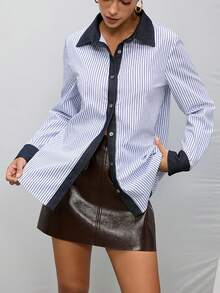 Women's Spring/Autumn New Casual Commute Front Button Striped Long Sleeve Shirt Suitable For Office - Blue - View 1