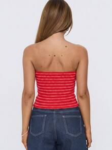 Striped Sexy Fitted Top, Knit Ribbed Contrast Color Bandeau Summer - Red and White - View 5