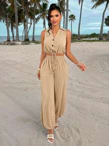 AIJ Women Fall French Casual Two Pieces Set Sleeveless Collared Button Drawstring Crop Top Elastic Waist Jogger Pants Khaki Matching Outfit Elegant Summer - Khaki - View 3