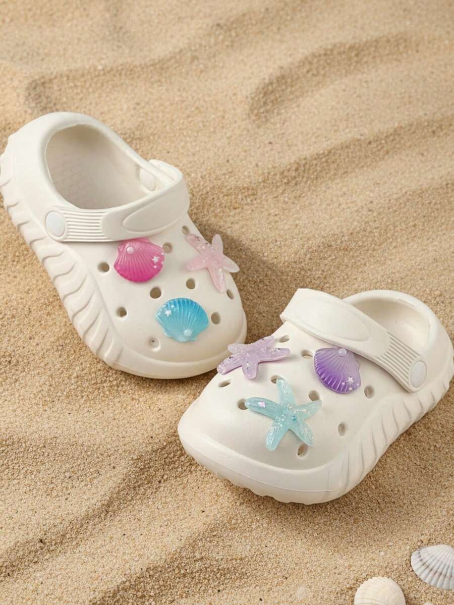 HAHABOBO Girls' 3D Starfish And Shell Decor EVA Clogs With Adjustable Heel Strap, Summer Kids' Shoes, Lightweight Beach Sandals - White - View 1