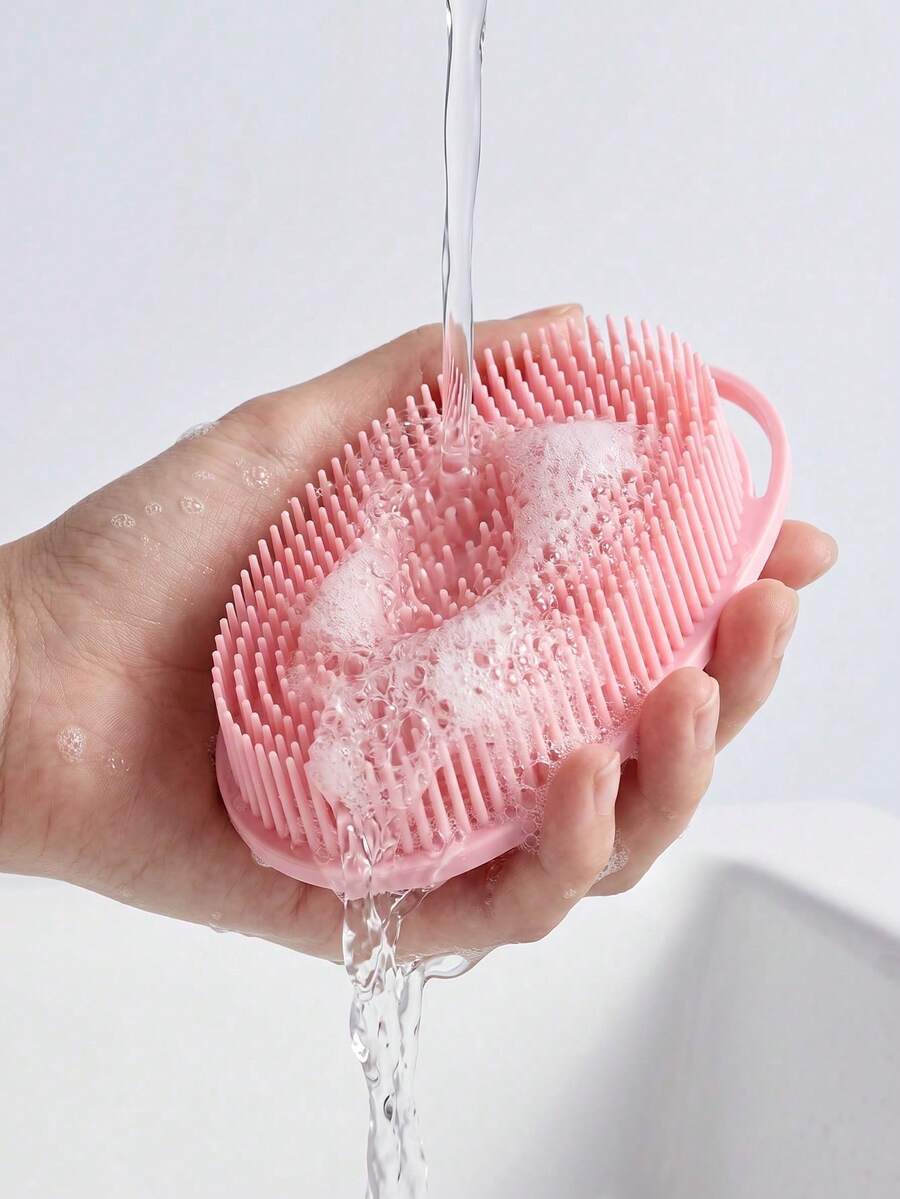 Silicone Bath Brush, Pink, 1pc, Suitable For Sensitive Skin, Unisex, Suitable For All Skin Types, Rich Foam, Can Clean Makeup Brushes, Soft Silicone Material, Silicone Bath Brush, Silicone Scrubbing Ball 2-In-1 Bath & Hair Brush, Body Brush - Pink - View 1