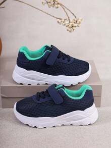 Minimalist Sporty Kids Running Training Casual Shoes, Navy Blue Breathable Mesh, Hook And Loop Strap, Round Toe Thick Sole, Suitable For Daily School Wear - Navy Blue - View 5