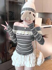 2026 Sexy Double Layer Ruffle Off-Shoulder Striped Knit Top, Gray And White Horizontal Stripes Ribbed Slim Fit Long Sleeve Sweater, Double Layer Frill Collar, Spring/Autumn Date Night Hot Girl, High Elastic Fine Knit 18-35 Women's Slimming Knit Base Layer - Grey - View 2