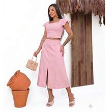 Women's Tailored Cropped Ruffle Sleeve Midi Skirt Set Front Slit High Waist Elegant Women's Fashion ✨ - 淺粉色 - 查看 2