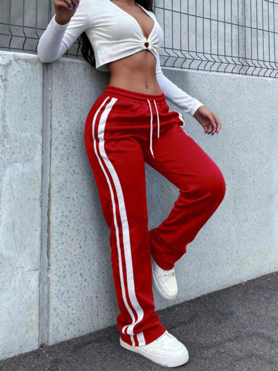 Women Casual Contrast Stripe Drawstring Waist Pockets Sports Pants, Autumn Spring - الأحمر - مشاهدة 1