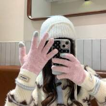 Korean Style Autumn/Winter Warm Knitted Gloves For Women, Touchscreen Compatible, Colorblock Knitted Yarn, Thickened, Five-Finger Gloves For Cycling And Students - Multicolor - View 6