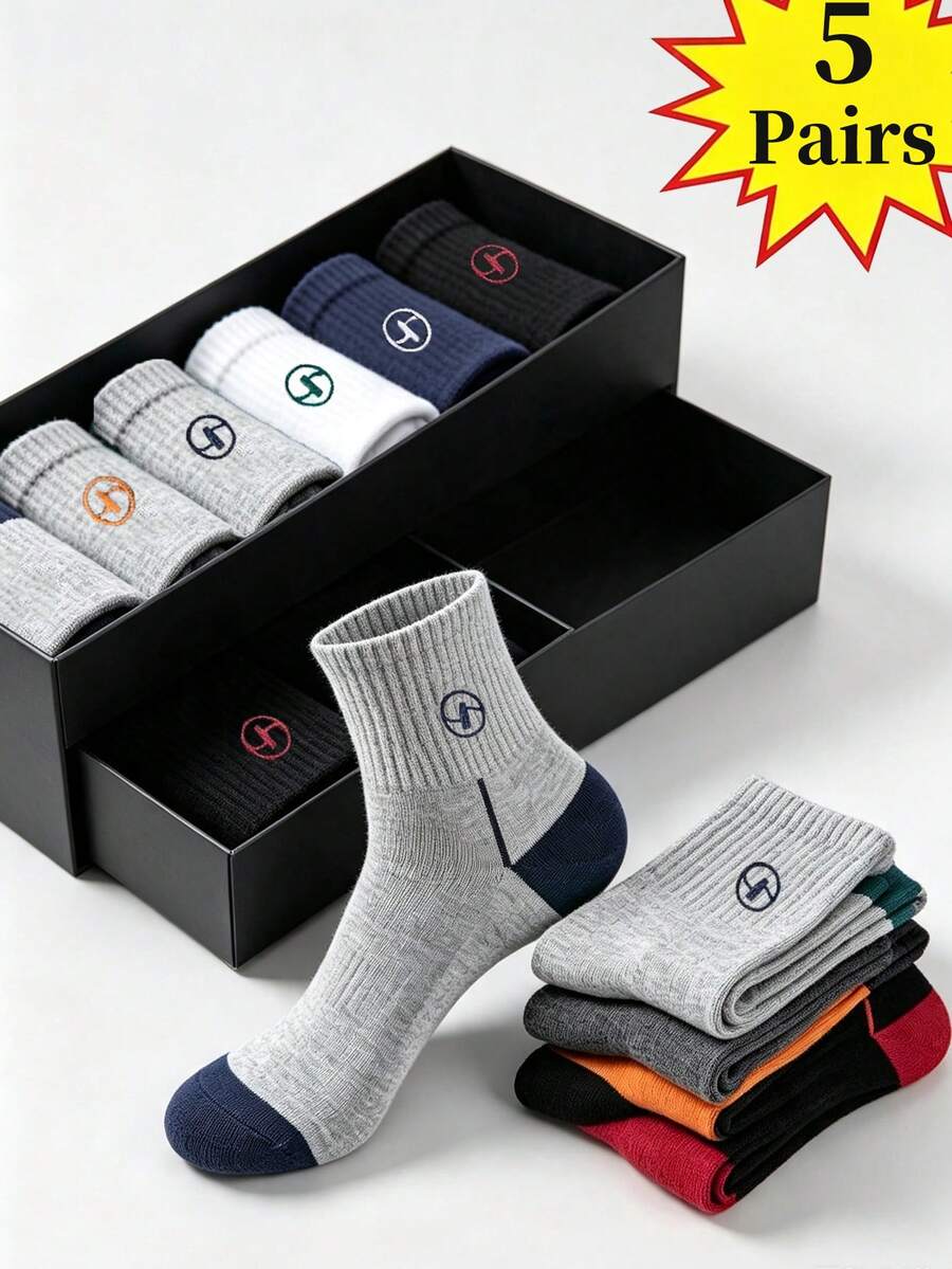 5 Pairs Contrast Color Round Logo Pure Cotton Mid-Calf Sports Socks, Comfortable, Odor-Resistant, Durable, For Men, Outdoor Running And Home Wear - Multicolor - View 1