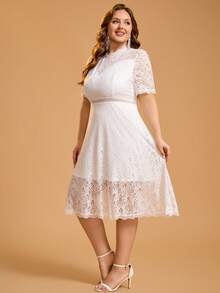 Plus Size Women's Round Neck Lace A-Line Cocktail Party Dress, Suitable For Bachelorette Party, Bridal Shower, Brunch, Graduation Party, Homecoming Dance - White - View 3