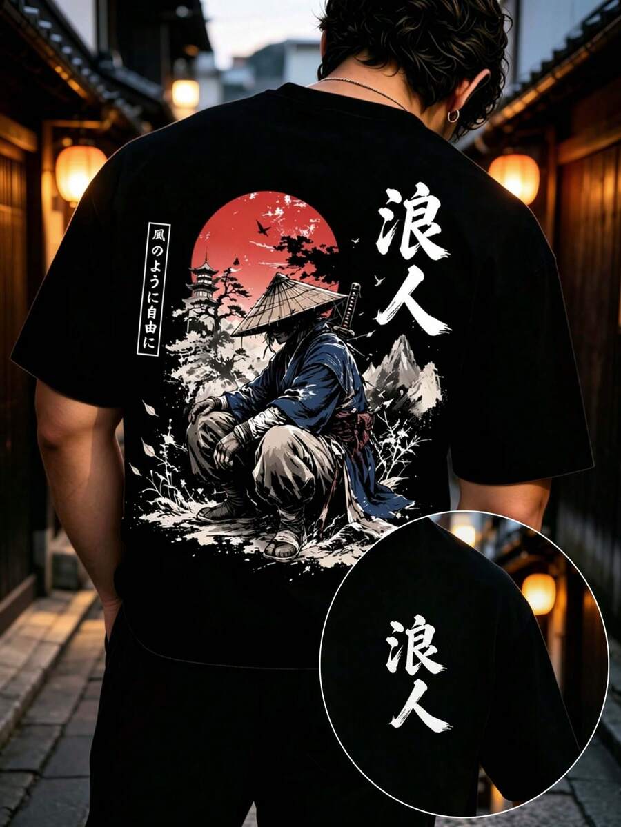 Plus Size Men's Black Japanese Samurai Ronin Red Sun Print Short Sleeve T-Shirt, Loose Fit Vintage Double-Sided Graphic Top - Black - View 1