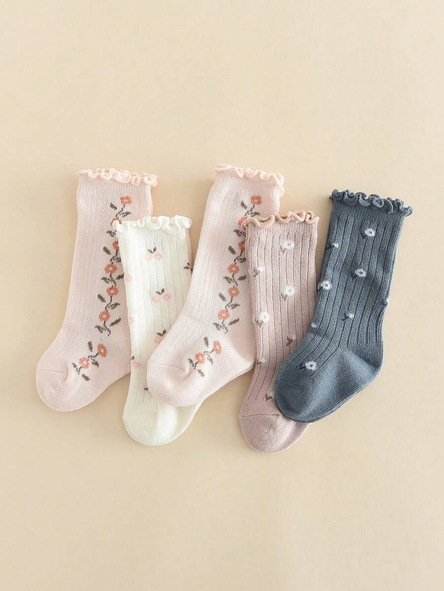 5雙幼兒花卉圖案短襪 女嬰中筒襪 嬰兒配件 - 彩色 - 查看 1