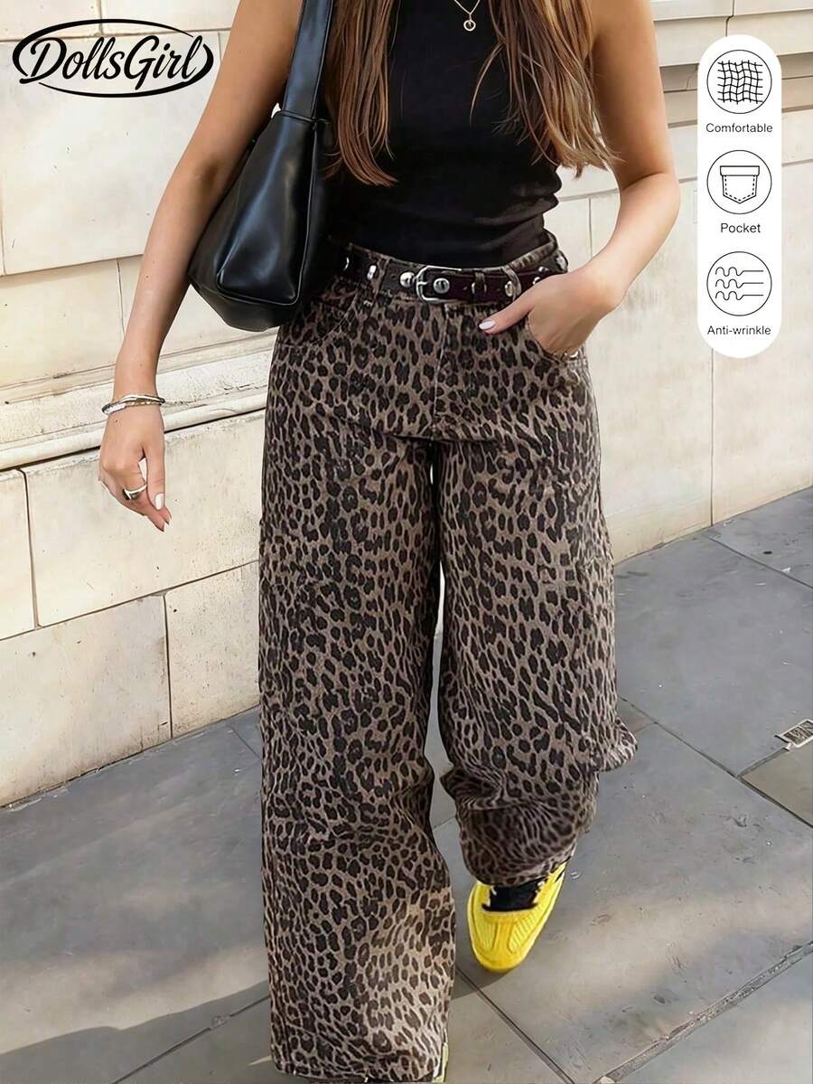 Y2K Vintage Leopard Print High Waist Side Pocket Wide Leg Jeans, Classic Denim Pants Casual Spring Fall - Multicolor - View 1