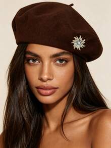 1pc Autumn/Winter Warm Knitted Faux Wool Solid Color Rotating Sunflower Women's Beret Hat, Fashion Simple Versatile Casual Vintage Painter Hat - Multicolor - View 6