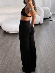 Women's Commuting Sports Elegant Modern Workplace Solid Color Slim Fit Flare Pants Black Spring - Black - View 1