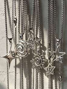 6pcs/1pc Men's & Women's Vintage Gothic Hip Hop Star Flame Spiral Sun Heart Pendant Stainless Steel Chain Necklace Set, Includes 6 Mixed European Baroque Cross Pendant Necklaces, Suitable For Christmas, New Year, Valentine's Day And Other Holidays - Silver - View 10