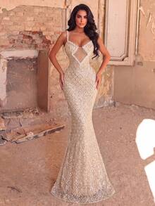 Elegant Spaghetti Strap Beaded Evening Gown, Exquisite Embroidery, Mermaid Cut Slimming Fit, Perfect For Formal Dinner, Wedding, Photography - Apricot - View 8